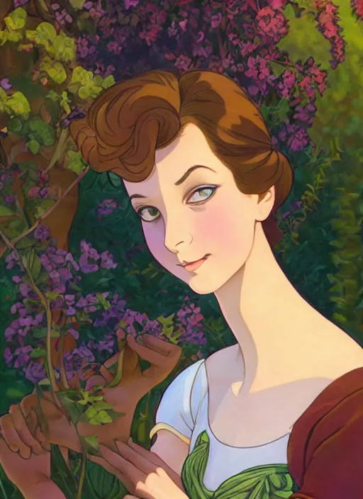 Image similar to well - lit art nouveau face portrait of a 1 3 - year old ballet girl in the garden, natural lighting, path traced, highly detailed, high quality, cartoon, digital painting, by don bluth and ross tran and studio ghibli