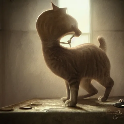 Prompt: cat drinks milk!!! from a plate!!!, in game pathologic 2, digital art, unreal engine, cinematic composition, sharp, details, hyper - detailed, hd