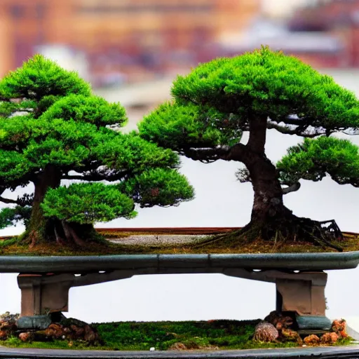 Image similar to a city on top of a bonsai tree, realistic