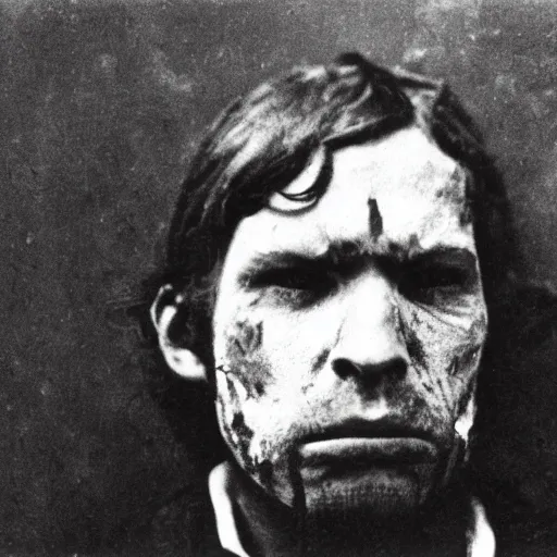 Image similar to close up photo portrait of a 19th century young ugly clean-face brutal male angry gangster with scars by Diane Arbus and Louis Daguerre