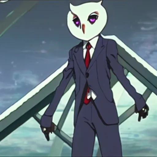 Image similar to a shot of a barn owl in a suit in evangelion 1 0 movie, movie shot, anime, hightly detailed, rescalated 4 k, detailed