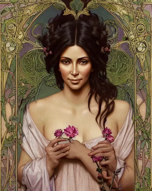 Image similar to an art nouveau portrait painting of a shy, blushing, kim kardashian as a princess lying among flower petals, hair fanned around, intricate, elegant, highly detailed, artstation, concept art, by krenz cushart and donato giancola and william adolph bouguereau and alphonse mucha