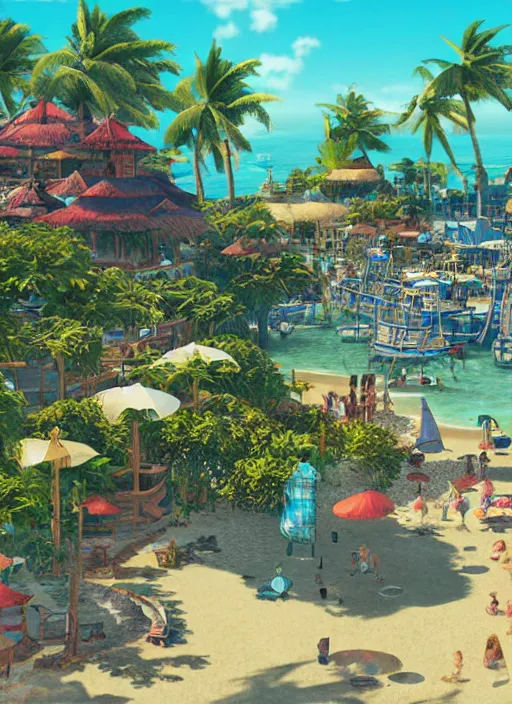 Prompt: Fantasy tropical port town view of the beach. hidari, color page, tankoban, 4K, tone mapping, Akihiko Yoshida.