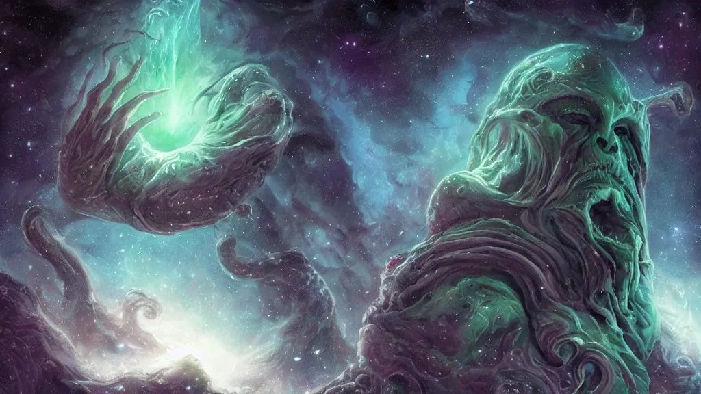 Image similar to cosmic cthulhu in dark space, nebula in background, by lovecraft, details face, detailed body, realistic body proportions, unreal engine, by popular digital artist, digital, artstation, detailed body, heavenly atmosphere, digital art, overdetailed art, trending on artstation, cgstudio, the most beautiful image ever created, dramatic, award winning artwork, beautiful scenery