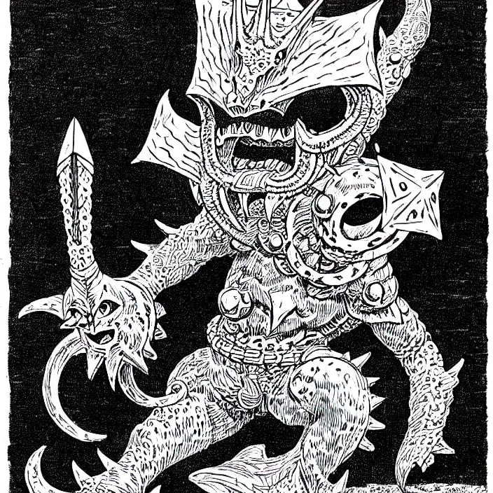 Prompt: a nintendo octorok as a d & d monster, pen - and - ink illustration, etching, by russ nicholson, david a trampier, larry elmore, 1 9 8 1, hq scan, intricate details, high contrast