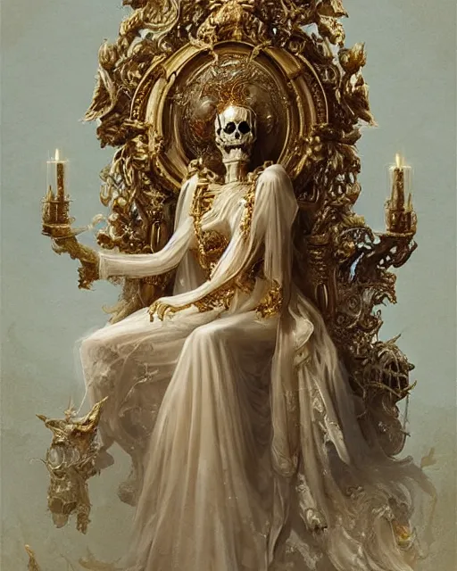 Prompt: 4k cinematic full view ethereal Skeleton wearing intricate religious gilded Madonna crown ivory rococo dress sitting on a throne , by Peter Mohrbacher, by Ruan Jia, by Greg Rutkowski, detailed and realistic, poetic and symbolic, Trending on Artstation