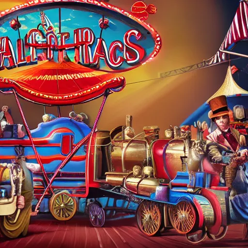 Image similar to half train half circus, highly detailed, 4k