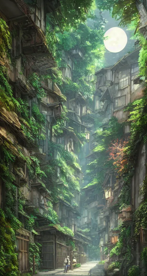 Image similar to Architectural section, animation concept art, studio ghibli style Miyazaki tekkonkintreet Teikoku Shounen style, amazing + fantasy Traditional Japanese alley lane on full moon, lush vegetation and ferns, sun rays, octane render, trending on artstation, hyper detailed, cinematic