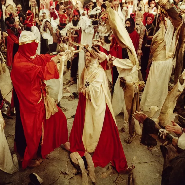 Prompt: a man being sacrifice by one member of an esoteric cult, Cinestill 800t 8k trending on Flickr, wear heavy red ornemental costume and elongate gold mask and jewels