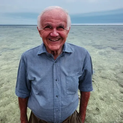 Image similar to a smiling old man standing on the sea floor