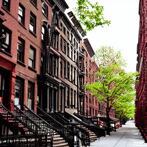 Image similar to nyc upper west side city street, brownstones, photorealistic