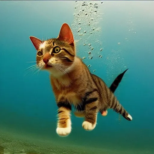 Prompt: a cat scuba diving in a huge lake, National Geographic, beautiful masterpiece