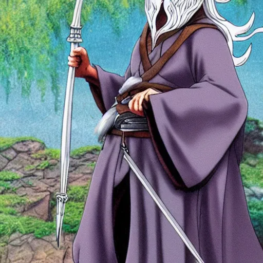 Image similar to gandalf from the anime lord of the rings (1986), holding a wooden staff, studio ghibli, very detailed, realistic