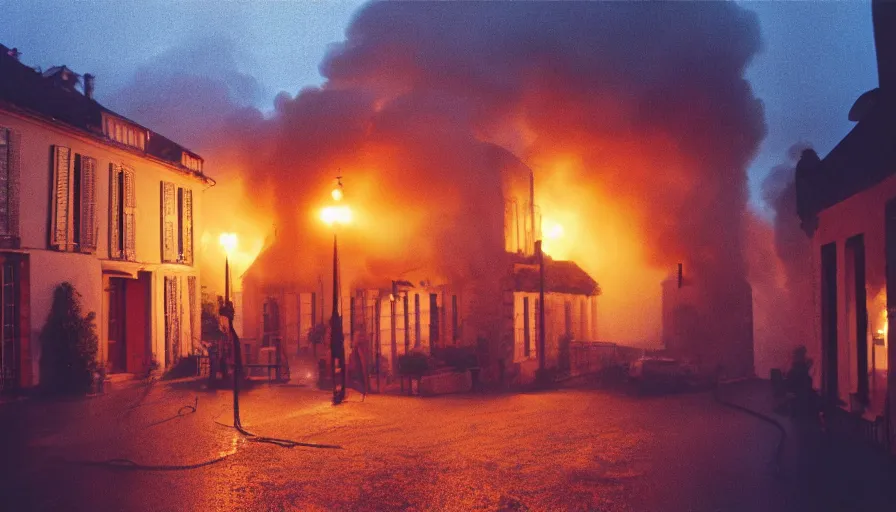 Image similar to 1 9 7 0 s movie still of a heavy burning french style townhouse in a small french village by night, rain, heavy smoke, cinestill 8 0 0 t 3 5 mm, heavy grain, high quality, high detail, dramatic light, anamorphic, flares