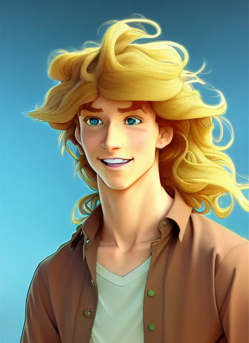 Image similar to young man with long, curly, golden hair, aquamarine eyes, natural lighting, path traced, highly detailed, high quality, cartoon, digital painting, by don bluth and ross tran and studio ghibli and alphonse mucha