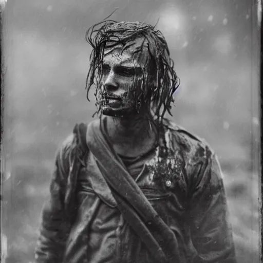 Prompt: A wet-collodion styled portrait of a disheveled solider coming back from battle looking defeated, staring straight into the camera. Depth of field, smokey background, high contrast, extremely detailed.