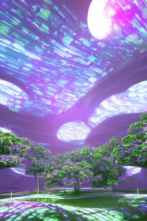 Prompt: botanical garden spaceship in space, calm, tranquil, faded effect, detailed, vaporwave colors, render by substance designer,