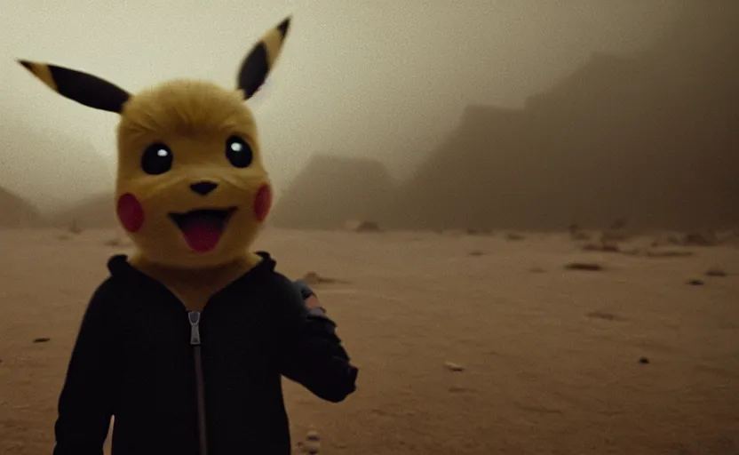 Image similar to cinestill 5 0 d candid photographic portrait by helen levitt of pikachu wearing black rugged techwear on a desolate plain, extreme closeup, modern cyberpunk moody emotional cinematic, dust storm, 8 k, hd, high resolution, 3 5 mm, f / 3 2, ultra realistic faces, detective pikachu ( 2 0 1 9 )