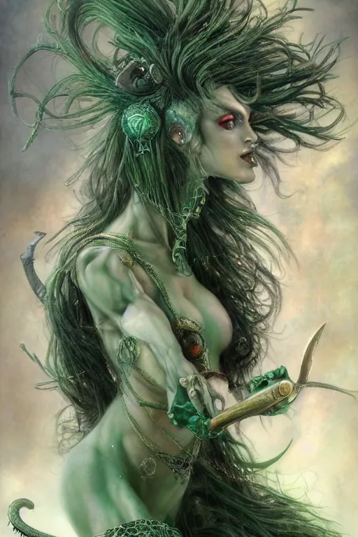 Prompt: beautiful strange detailed portrait of a stunningly beautiful green haired djinn genie - kin bard woman by luis royo, wayne barlowe, kirsi salonen, asya yoranova and alan lee trending on artstation 8 k