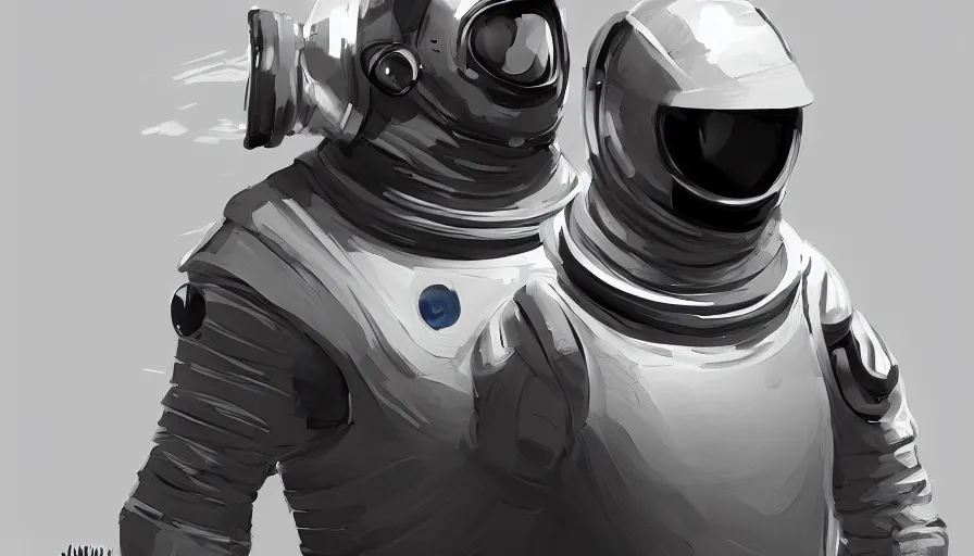 Prompt: character design space suit designed by apple, luxury, jama jurabaev, very long shot, brush hard, artstation, cgsociety, high quality, brush stroke