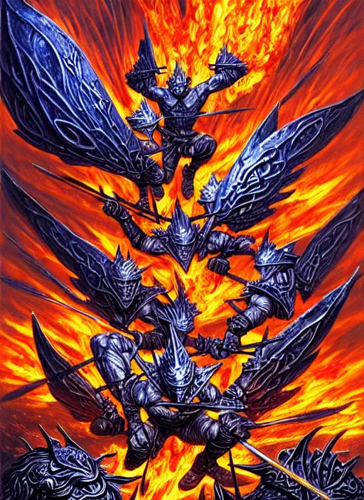 Prompt: dynamic bibilical depiction battle scene of aggressive winged silver warriors with fire crowns, d & d, muscular! crossfit, fitness, tight wrinkled cloath, vivid color scheme, atmospheric perspective, fantasy, intricate, elegant, highly detailed, digital painting, smooth, sharp focus, art by ed emshwiller and jesper ejsing