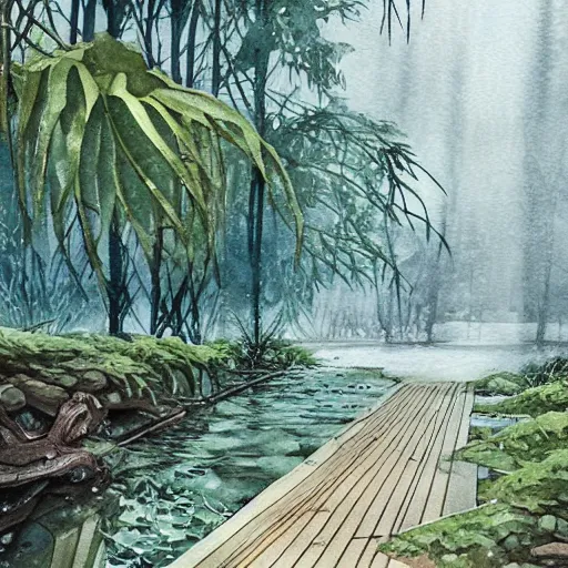 Image similar to Wooden footpath next to water in beautiful overgrown futuristic sci-fi city in harmony with nature. Nice colour scheme, soft warm colour. Beautiful detailed watercolor by Lurid. (2022)