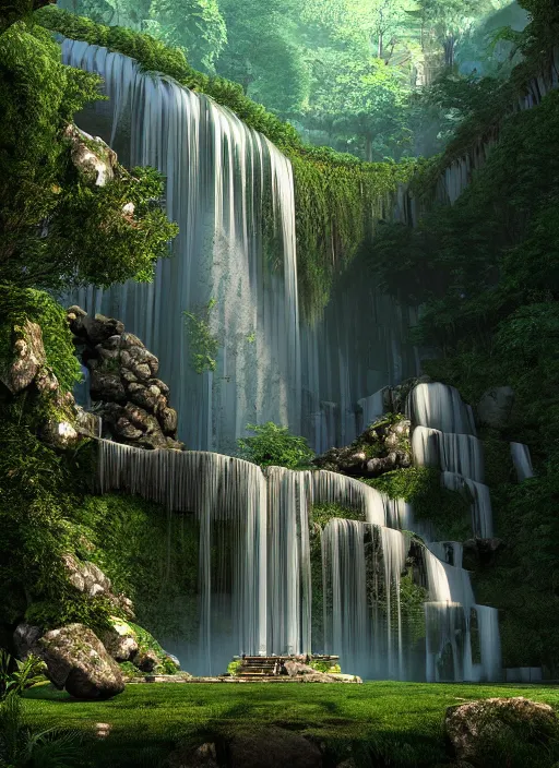 Image similar to beautiful big house in the forest, a big waterfall flows down from the mountain, vector art, octane render, fabulous, hyper detailed, random cinematic view, no noise, global illumination, warm lighting, volumetric, godrays, vivid, beautiful, by jordan grimmer