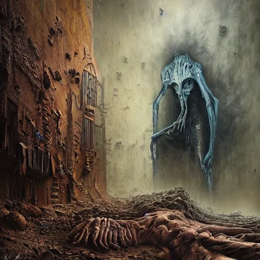 Image similar to an epic horrifying fantastic hyperdetailed 3 d matte painting photo taken with nikon d 7 5 0 an of a decaying eldritch creature partially covered with grafitti art by moebius by zdzisław beksinski by jakub rozalski by nekro