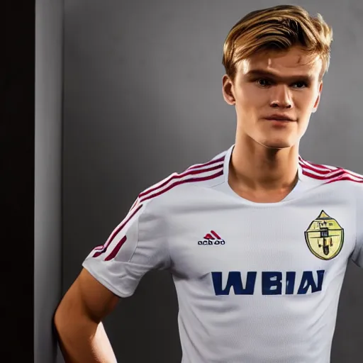 Prompt: a realistic detailed photo of a guy who is an attractive humanoid who is half robot and half humanoid, who is a male android, soccer player martin ødegaard, shiny skin, posing like a statue, blank stare, in a living room, on display, showing off his muscles