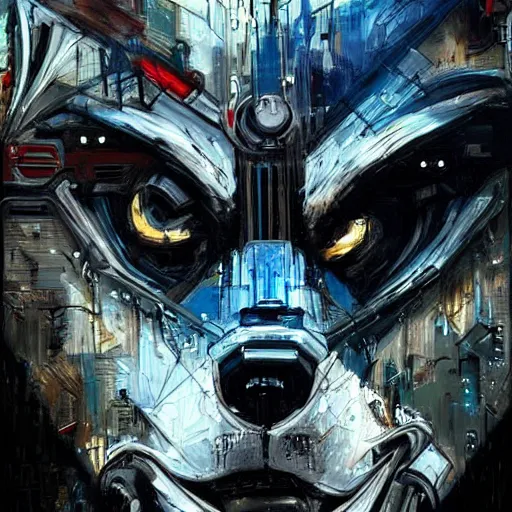 Prompt: a beautiful portrait of a cyborg angry wolf made of mech mask rendered in unreal engine, cyberpunk, dark scifi, painted by david burliuk, bernard buffet and carne griffiths