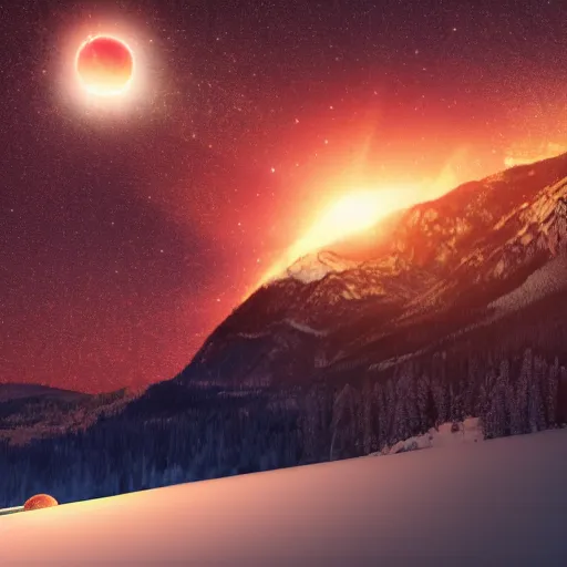 Image similar to A heavily-forested valley surrounded by snow-capped mountains at night, a red nebula and orange gas giant with rings in the sky, no clouds, sci-fi, photorealistic, landscape