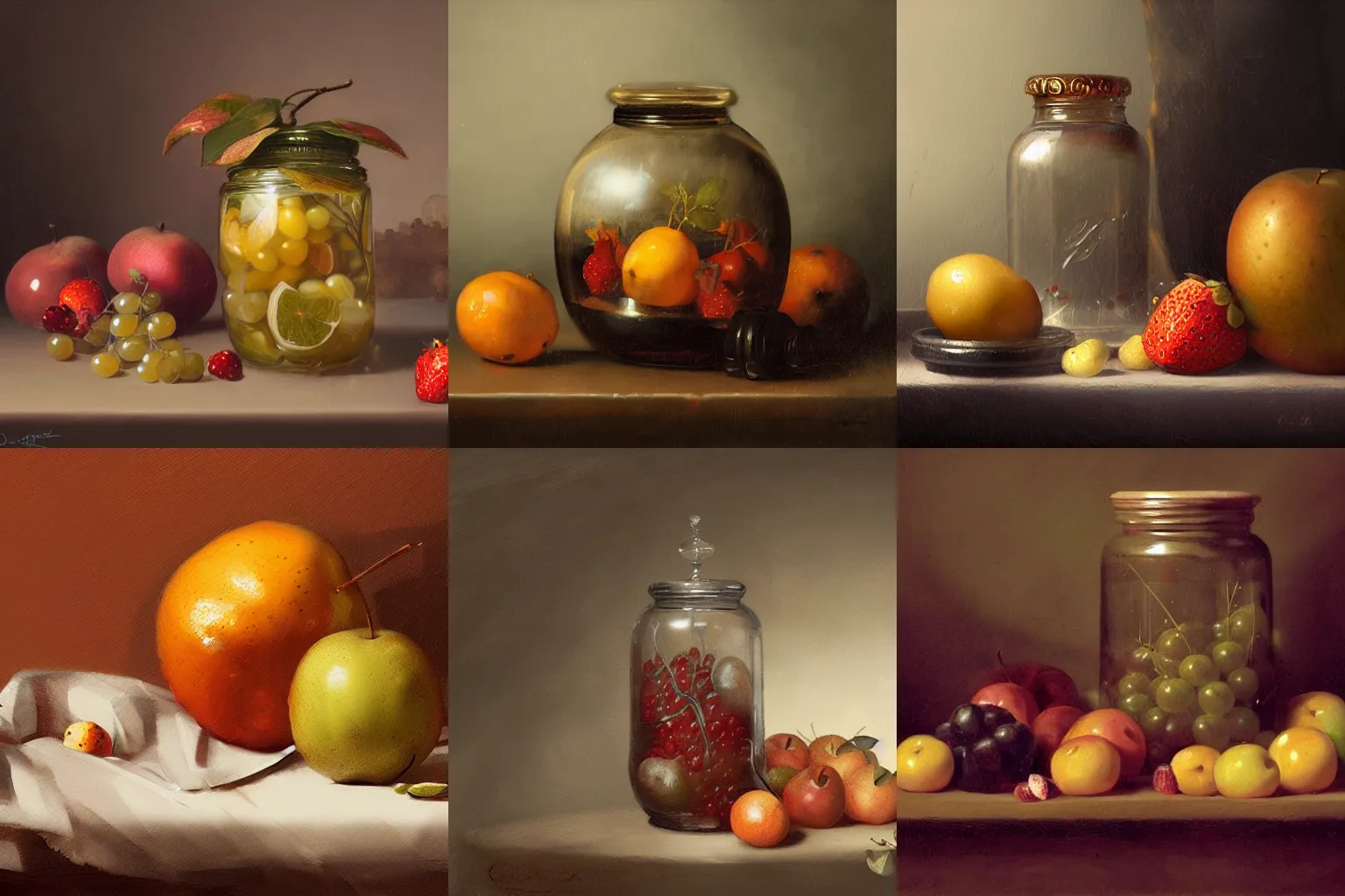 Prompt: Still life of fruit surrounding a jar containing a pouting fairy, digital painting, detailed, artstation, pixiv, Krenz Cushart, Greg Rutkowski, Jan Davidz de Heem