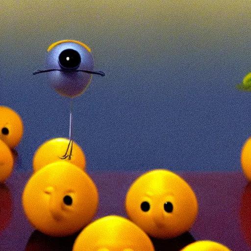 Image similar to a cinematic film still from a 2010 Pixar movie about anthropomorphic lemons, in the style of Pixar, shallow depth of focus