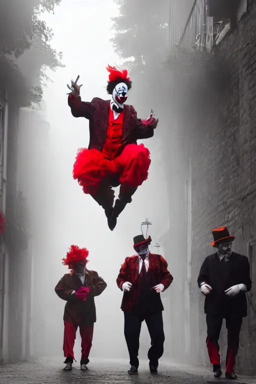 Image similar to a group of men dressed as clowns walking down a dark foggy alley