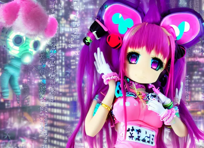 Image similar to 3 d anime render of a decora gyaru kawaii cybergoth emo fashion model vtuber, in a cyberpunk blade runner maximalist city of my melody sanrio plushies, artstation cgsociety