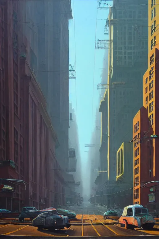 Prompt: Market Street, San Francisco in a redwood solar punk vision; oil on canvas by Klaus Bürgle and Simon Stålenhag; Ultra-Realistic 3D Depth Shading