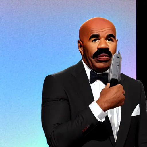 Image similar to steve harvey posing next to a nuclear bomb, detailed face, 4 k, deviantart