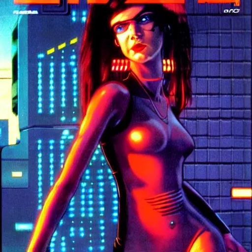 Image similar to cable plugged into cyberdeck, right temple, cyberpunk woman, computer, 1 9 7 9 omni magazine cover, style by vincent di fate, cyberpunk 2 0 2 0