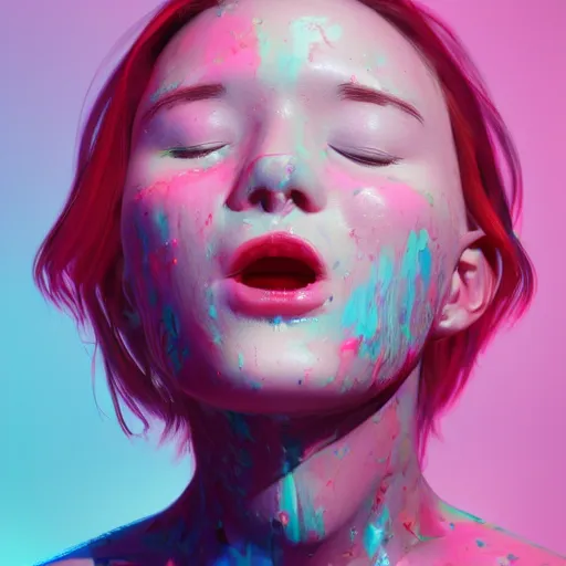 Image similar to born again christian tiktok influencer eating melting crayons and winking to their followers, in the style of james jean, artstation trending, 8 k, 3 d render, photorealistic, volumetric lighting caustics, pink