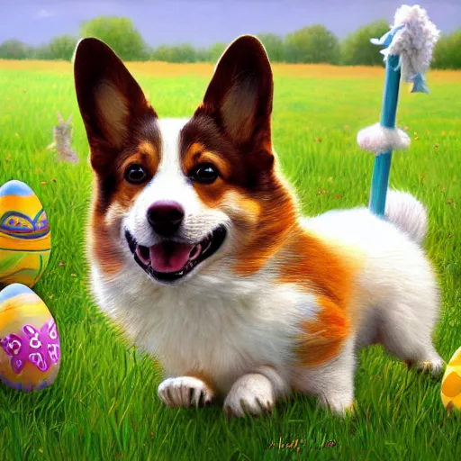 Prompt: anthropomorphic corgi hunting easter eggs, grass, yard, oil on canvas, intricate, 8 k highly professionally detailed, hdr, cgsociety