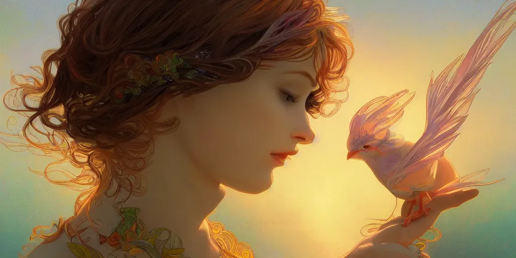 Image similar to baby bird catches the worm, sunrise, rainbow, fantasy, intricate, very very beautiful, elegant, highly detailed, digital painting, artstation, concept art, smooth, sharp focus, illustration, art by alphonse mucha