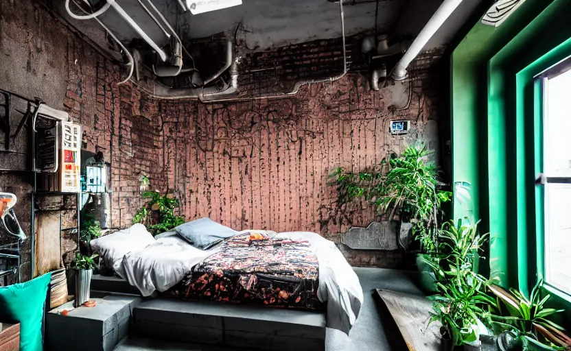 Prompt: maximalist interior of a japanese bedroom, concrete, cyberpunk, japanese neon signs, retro futuristic, old brick walls, bed, cupboards, rough wood, grey, anthracite, turquoise, akihabara style, swedish style, green plants, window with a view of apartment blocks, 8K