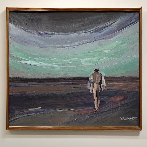 Prompt: _ in _ these _ paintings _ we _ see _ a _ who _ seem _ to _ be _ walking _ in _ circles in an empty void space, 8 k, in the style of ben quilty, edward hooper, oil paint with thick brushstrokes of paint, ultra detailed,