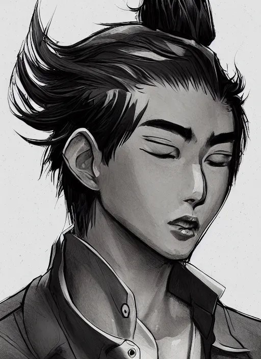 Image similar to a highly detailed illustration of fierce short black haired young asian man wearing polo shirt, dramatic thinking pose, lean, intricate, elegant, highly detailed, centered, digital painting, artstation, concept art, smooth, sharp focus, league of legends concept art, WLOP