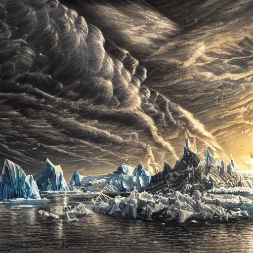 Prompt: epic masterpiece of chromium heaven in Antarctica origin mythos, cinematic, establishing shot, extremely high detail, photorealistic, cinematic lighting, intricate line drawings, 8k resolution