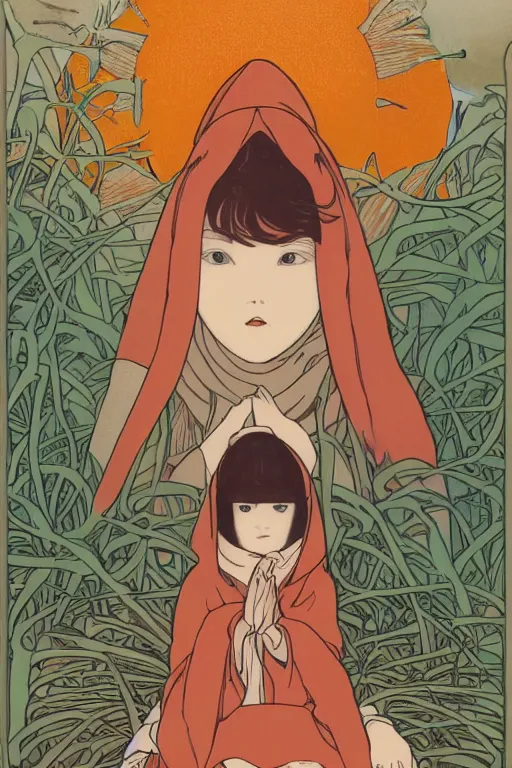 Image similar to a Girl in a large hood sitting on the ground and Slices of orange, cd and microphones float around ,Visual Communication Design by studio ghibli and mucha ,Refreshing colour