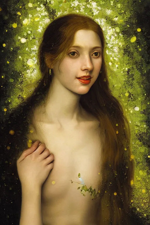 Image similar to a happy a young woman, among the lights of golden fireflies and nature, long loose red hair, intricate details, bright green eyes, freckles on the nose, round gentle face, full body portrait, sophisticated dress, golden ratio, high contrast, photorealistic digital art by artemisia lomi gentileschi and caravaggio and tomacz alen kopera.