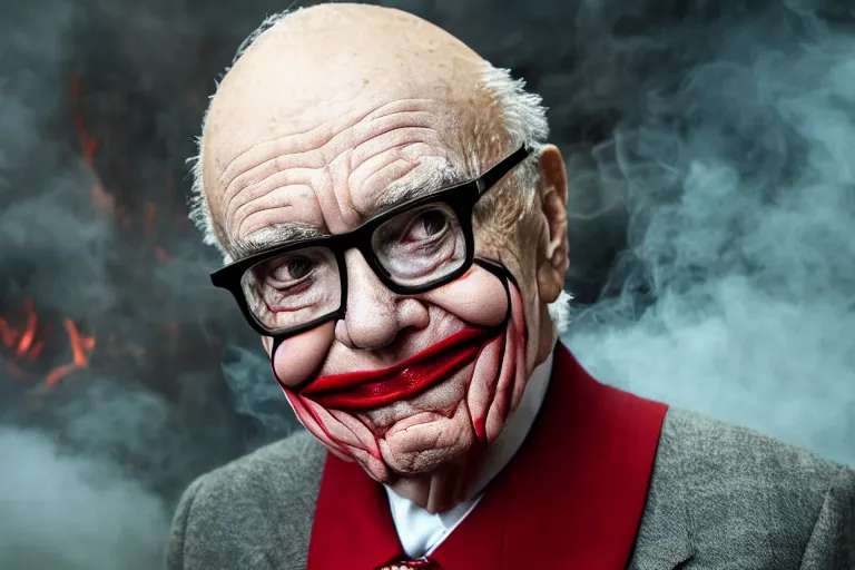 Prompt: Rupert Murdoch wearing glasses and white and red makeup like The Joker, standing in hell surrounded by fire and flames and bones and brimstone, brilliant colors, color photo, portrait photography, volumetric fog and light, depth of field, bokeh