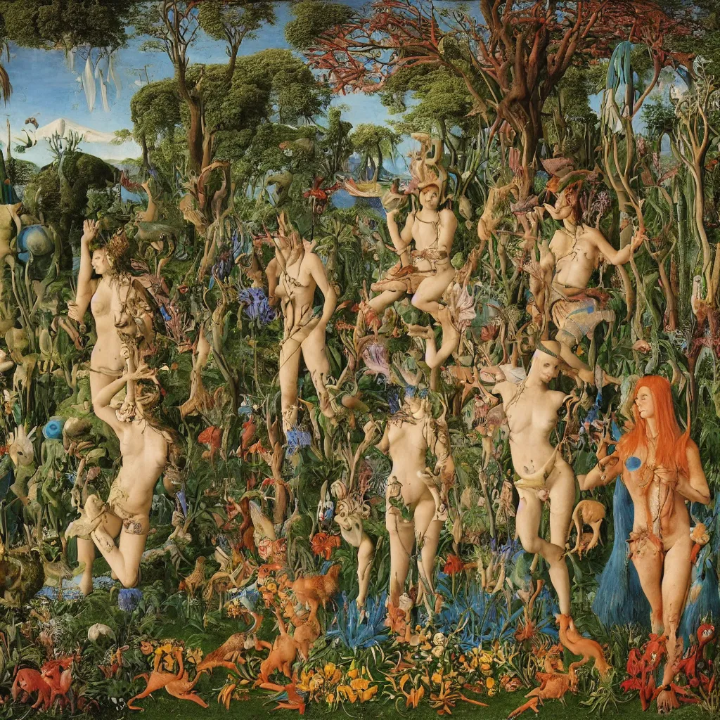 Image similar to a photograph of a meditating centaur shaman and a harpy mermaid feeding animals. surrounded by bulbous flowers, a few trees and wild animals. river delta with mountains under a blue sky full of burning stars and birds. painted by jan van eyck, max ernst, ernst haeckel, ernst fuchs and artgerm. trending on artstation