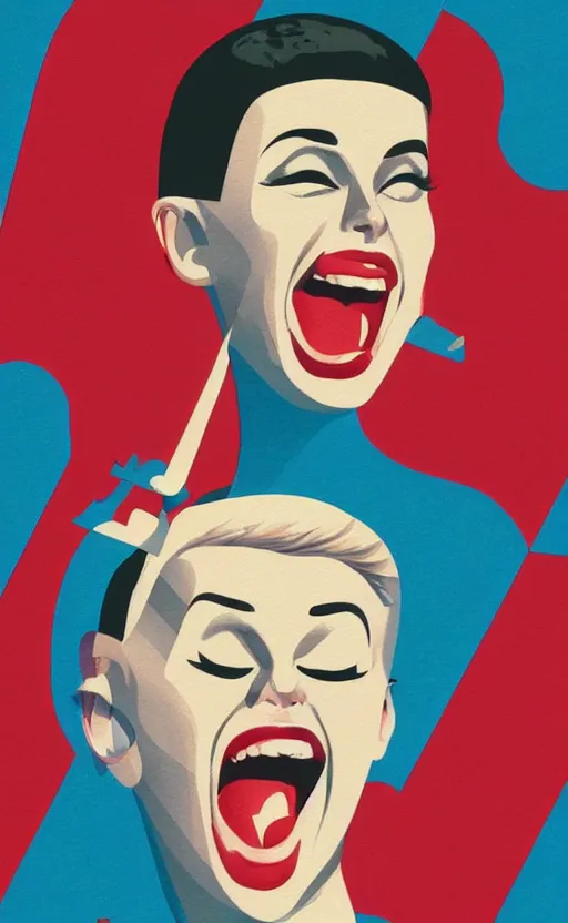 Image similar to illustration portrait of a woman with white buzzcut laughing out loud, art deco painting by tom whalen, funny meme photo, trending on behance, digital illustration, storybook illustration, grainy texture, flat shading, vector art, airbrush, pastel, watercolor, poster